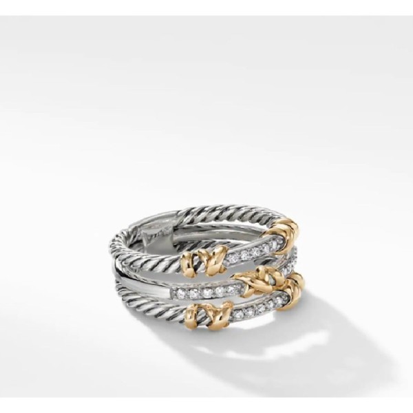 David Yurman Petite Helena Three Row Ring With 18K Yellow Gold and Diamonds