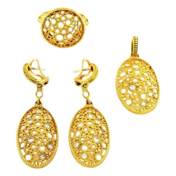 Judith Ripka Gold Oval Snowflake Diamond Pendant and Ring Set Earrings